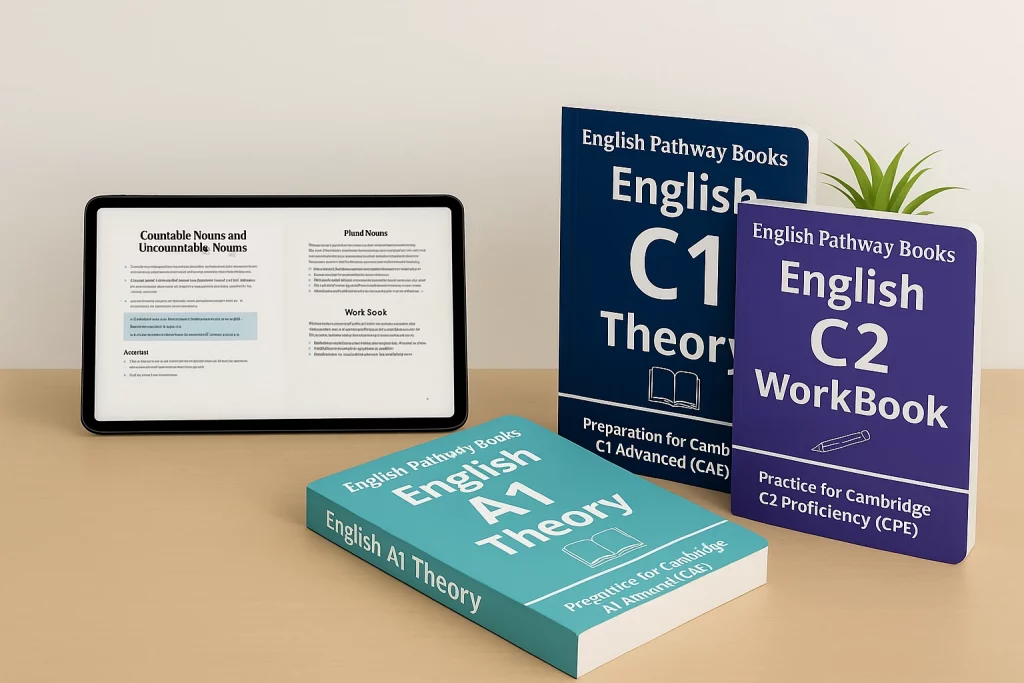 Libros de inglés A1, C1 y C2 de English Pathway Books junto a una tablet con material digital del curso.