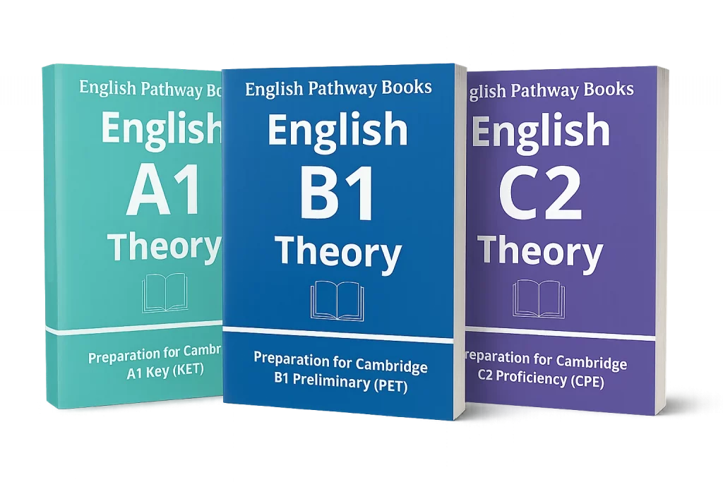 Mockup de tres libros English Pathway Books de los niveles A1, B1 y C2.