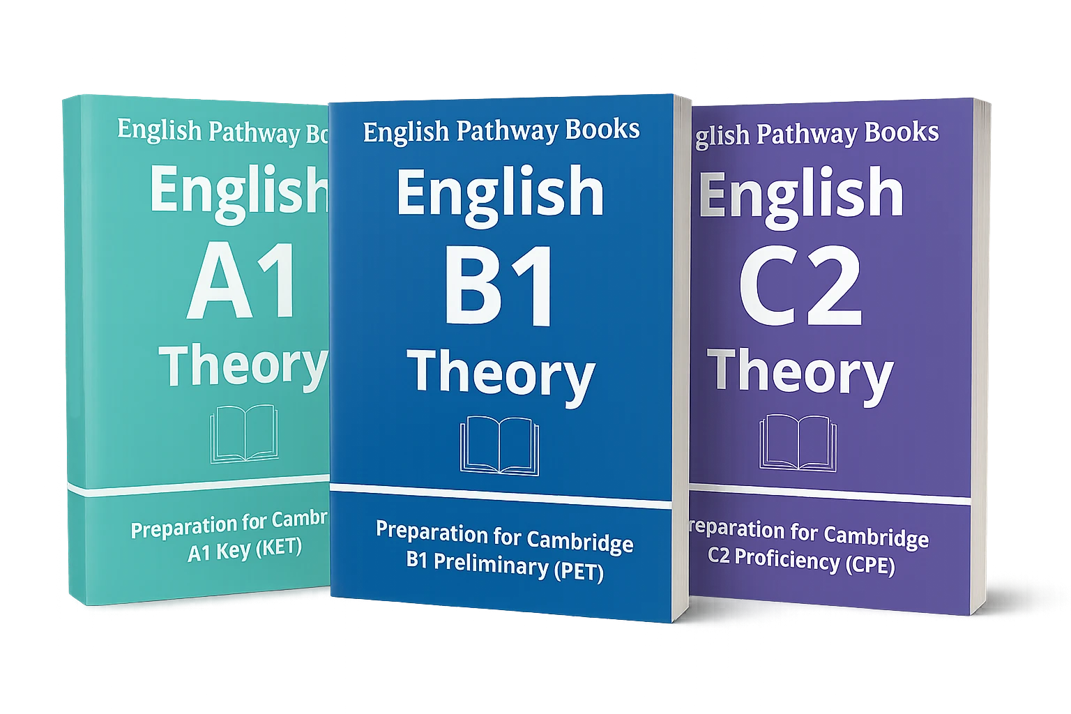Mockup de tres libros English Pathway Books de los niveles A1, B1 y C2.