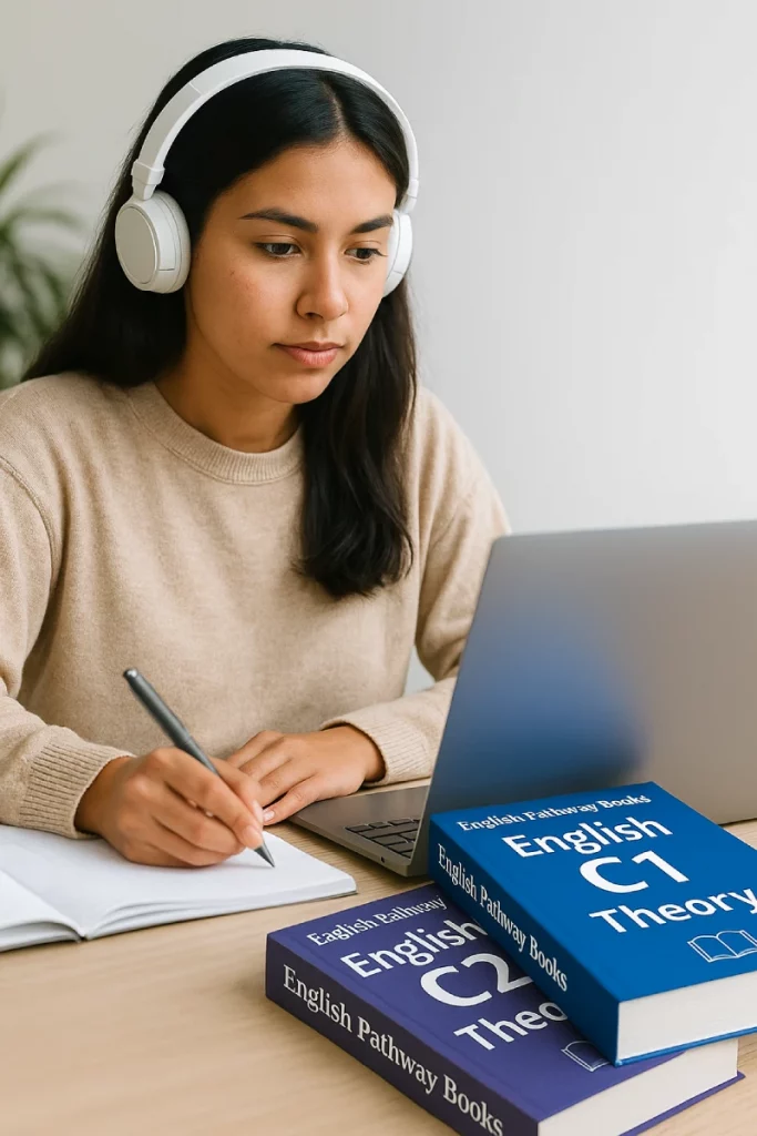 Joven estudiando inglés con la colección de libros English Pathway Books, ideal para aprender inglés desde cero hasta nivel avanzado.