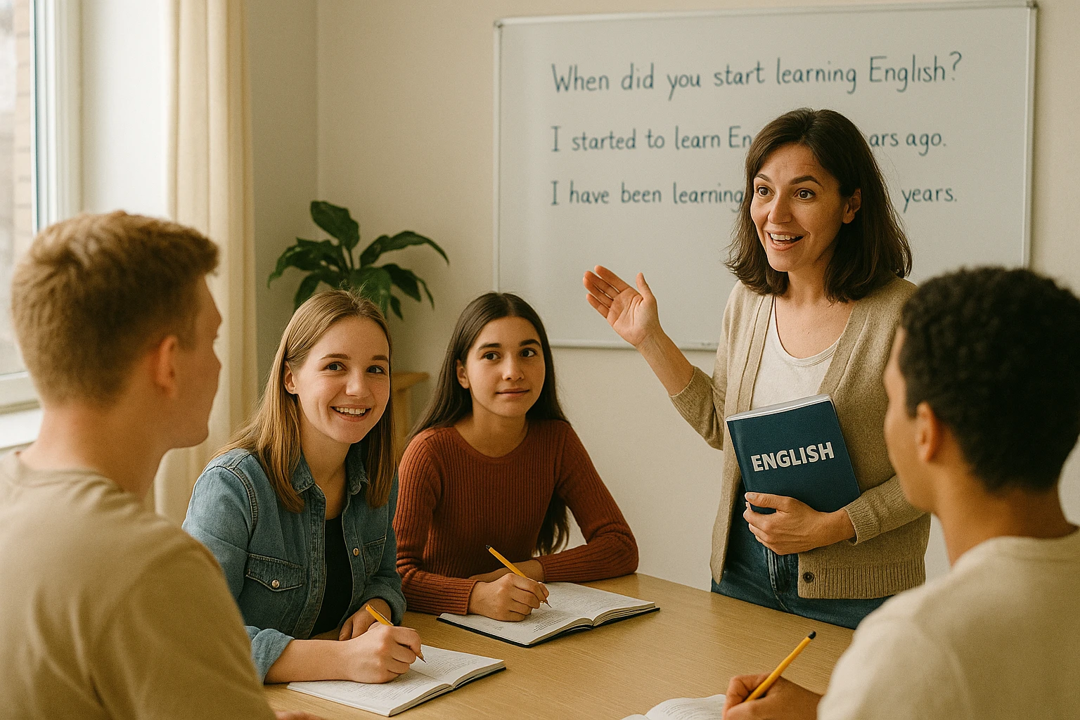 Profesora de inglés explicando contenido a un grupo de estudiantes en un aula luminosa.