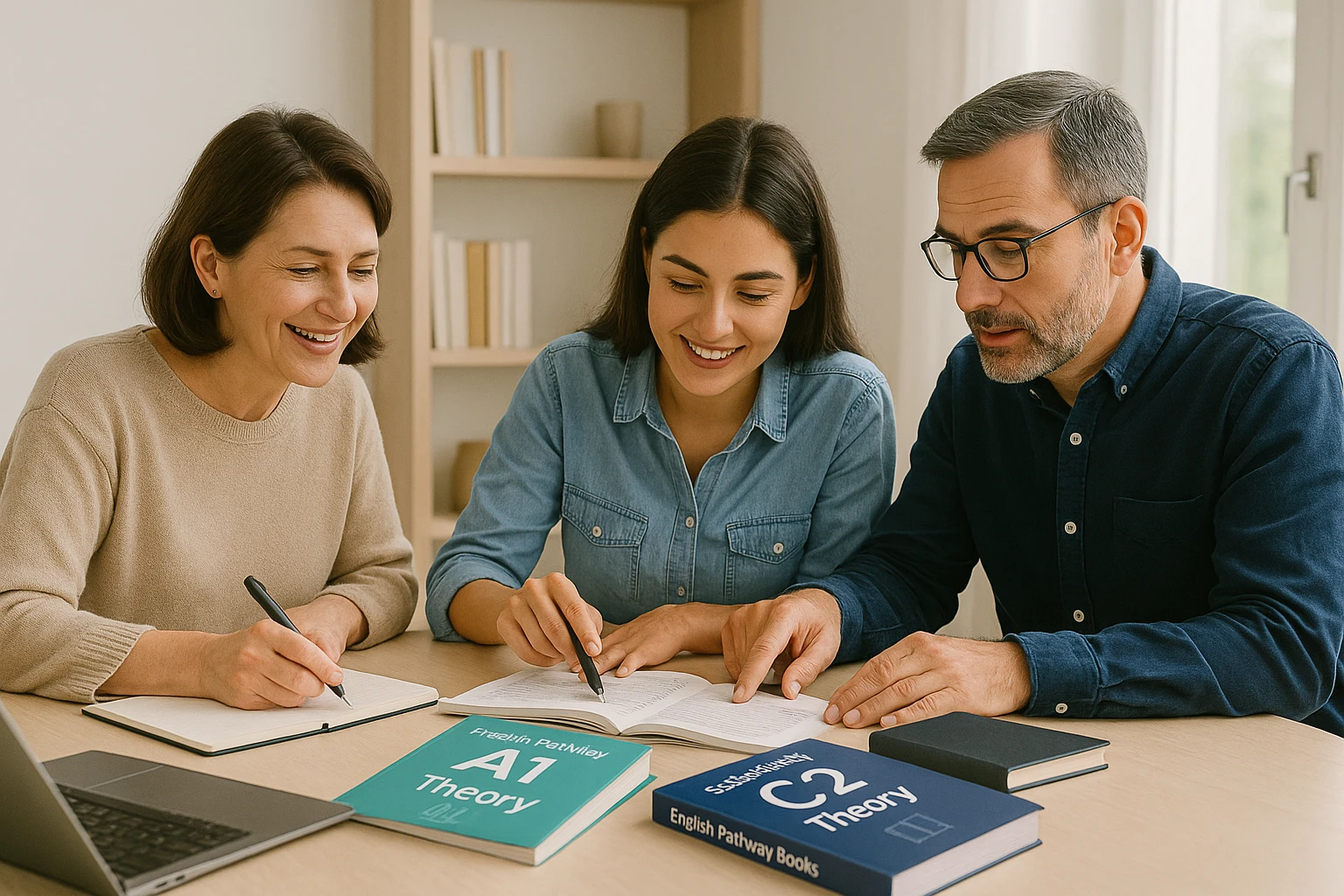 Equipo de English Pathway Books revisando libros y materiales educativos en una mesa de trabajo.