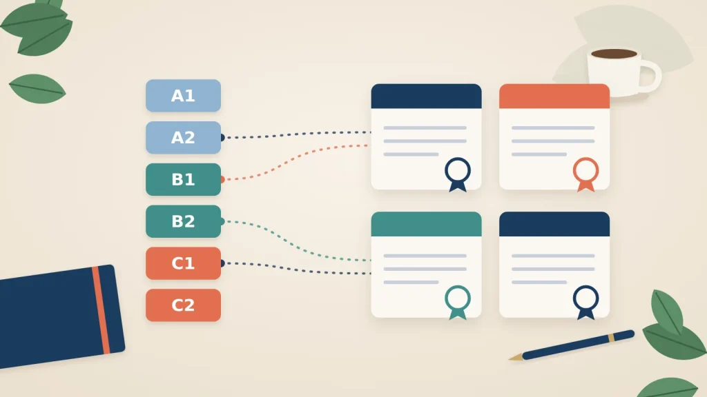 Niveles A1 a C2 del MCER conectados con distintos certificados de inglés