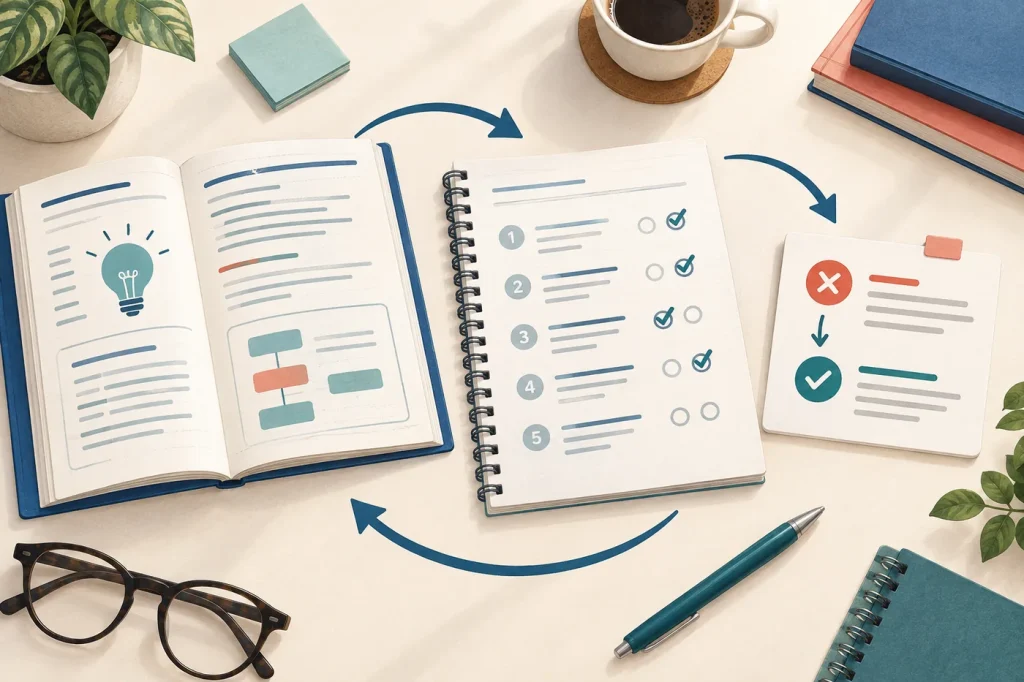 Ciclo de estudio con teoría, ejercicios y registro de errores de inglés